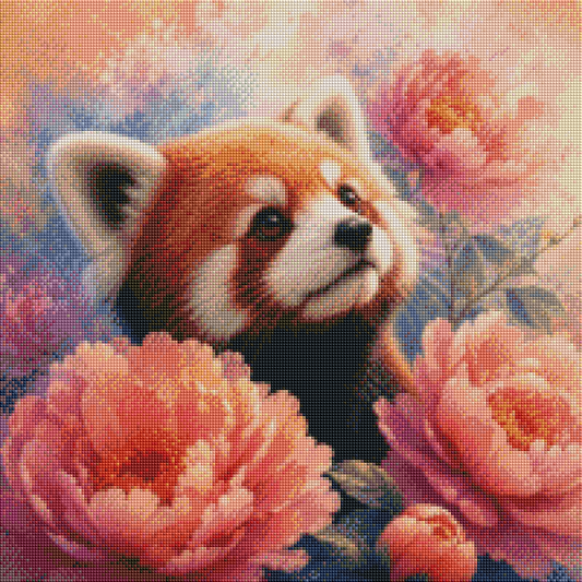 Roter Panda im Blütentraum - Diamond Painting Kit - Artwork by tiki_DIAMONDS.ai 50x50 cm (eckige Steine)