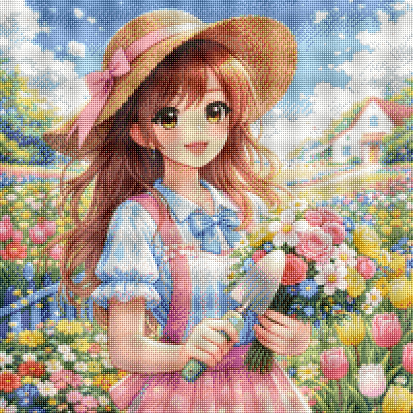 Blumenmädchen im Sonnenschein - Diamond Painting Kit - AI Artwork by Farbenzauberwelt 50x50cm (eckige Steine)