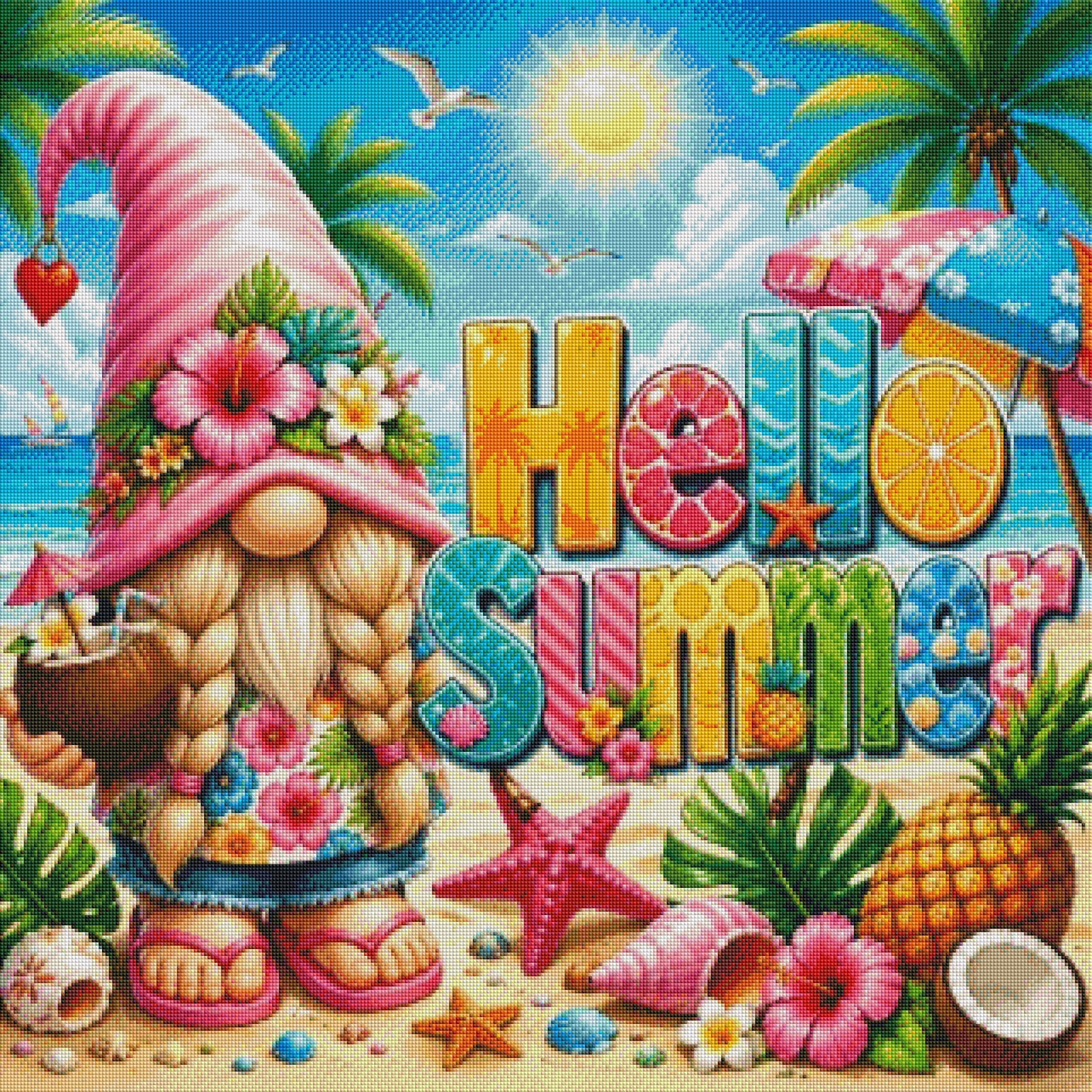 Sommergruß vom Strandgnom mit 120 Farben - Diamond Painting Kit - AI Artwork by SK Moments 80x80cm (eckige Steine)