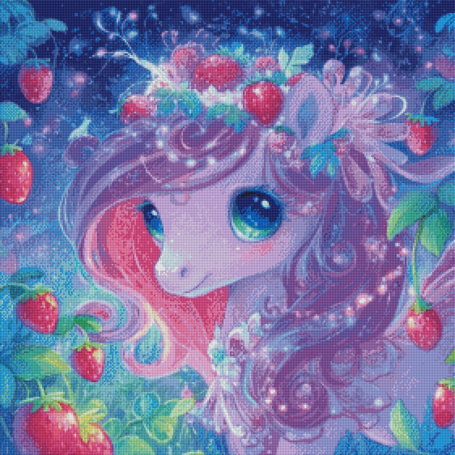 Erdbeerzauber Einhorn mit 100 Farben - Diamond Painting Kit - Artwork by shiny_unicorn.ai 70x70cm (eckige Steine)