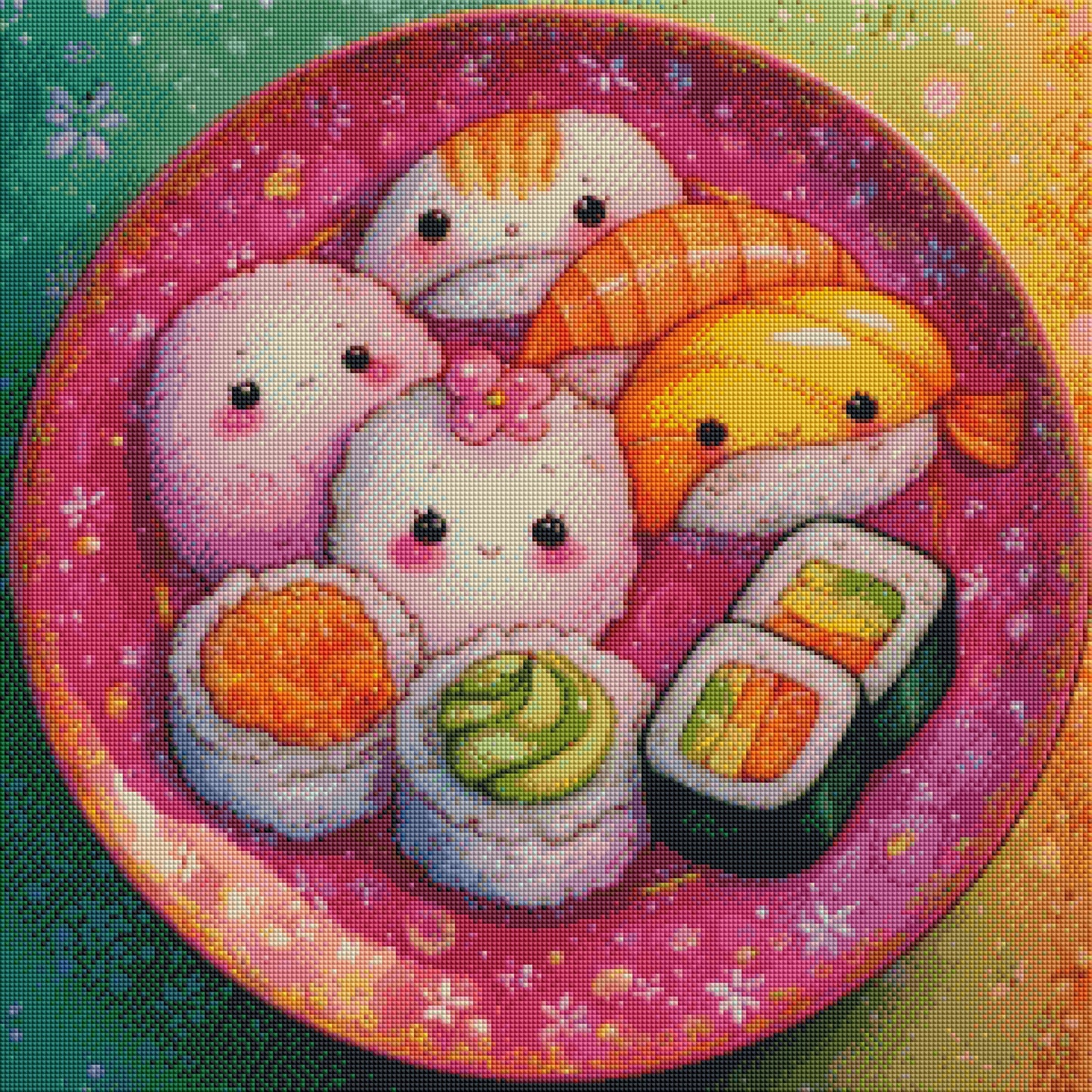 Die kleine Sushi-Party - Diamond Painting Kit - Artwork by shiny_unicorn.ai 60x60cm (eckige Steine)
