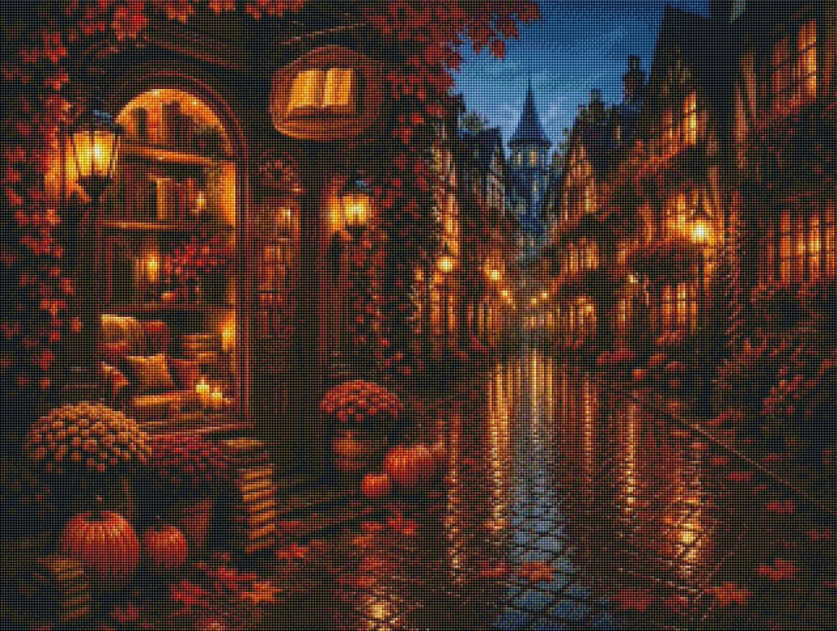 Verregneter Buchladen im Herbstlicht - Diamond Painting Kit | 70*100 cm Hochformat 120 DMC-Farben, 80*60 cm Querformat 107 DMC-Farben| Artwork by SK Moments