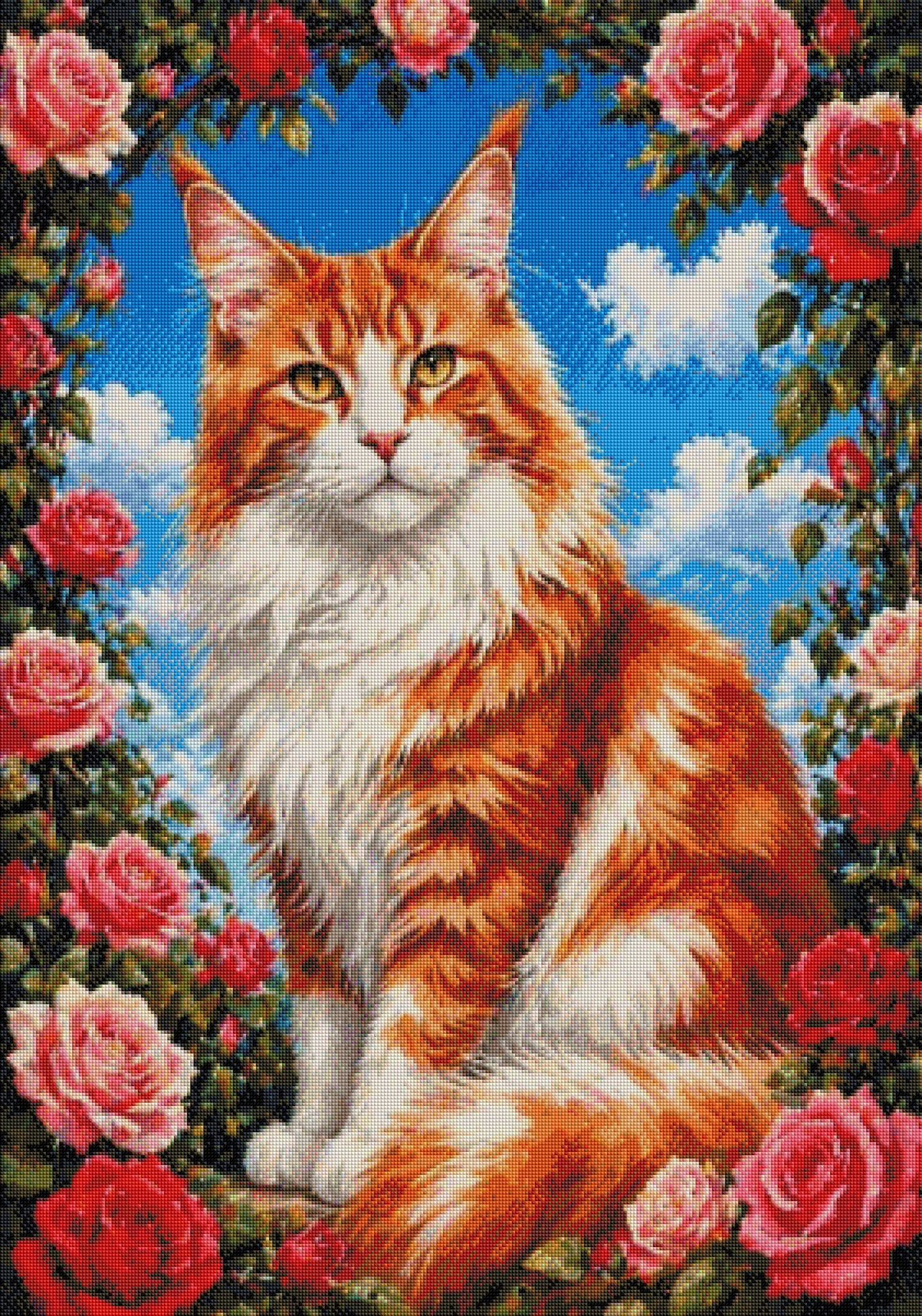 Sommerkatze im Rosengarten mit 120 Farben - Diamond Painting Kit - AI Artwork by Planetenparty 70x100cm (eckige Steine)