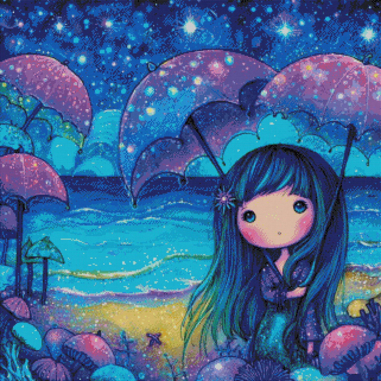 Sternenschirme am Meer mit 100 Farben - Diamond Painting Kit - Artwork by shiny_unicorn.ai 80x80cm (eckige Steine)