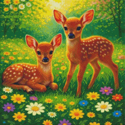 Rehkitze im Blütenmeer (50x70cm, eckige Harzsteine)