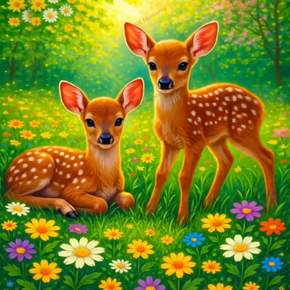 Rehkitze im Blütenmeer (50x70cm, eckige Harzsteine)