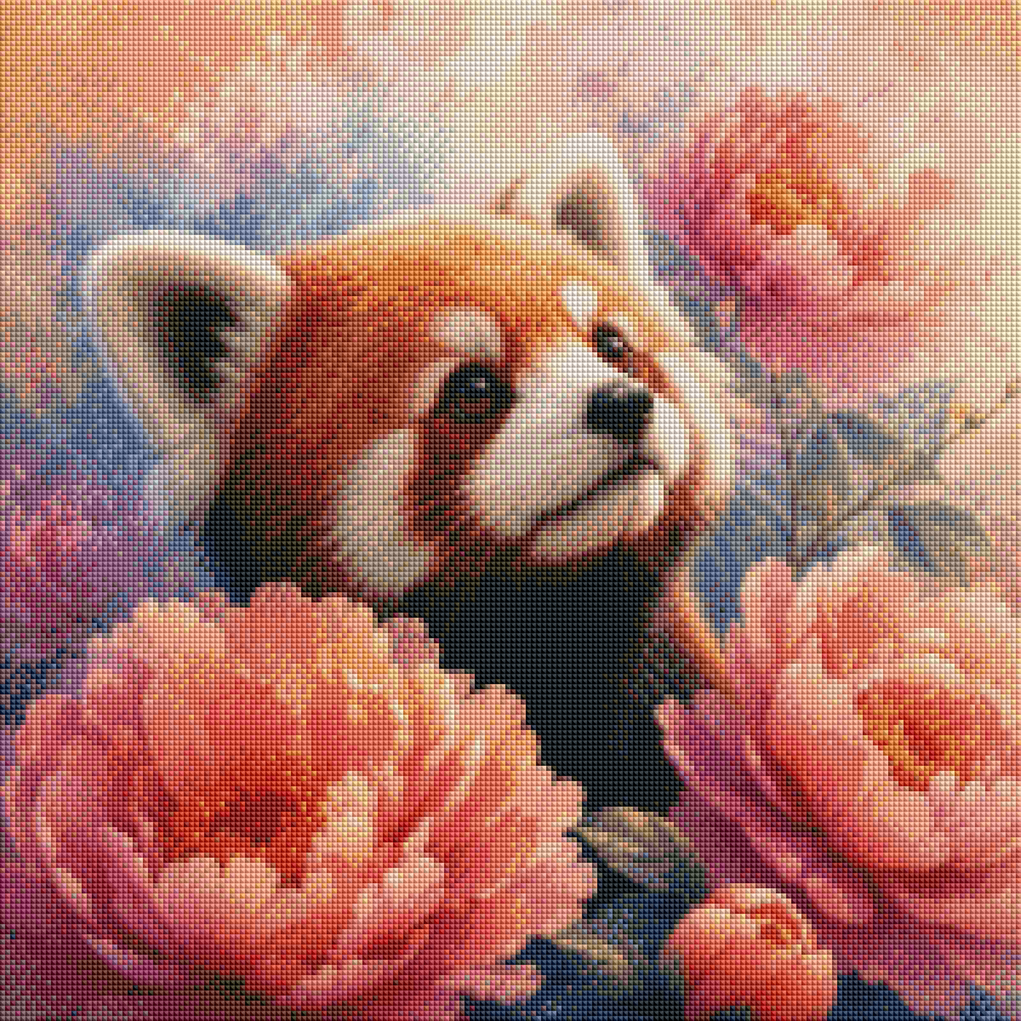 Roter Panda im Blütentraum - Diamond Painting Kit - Artwork by tiki_DIAMONDS.ai 50x50 cm (eckige Steine)