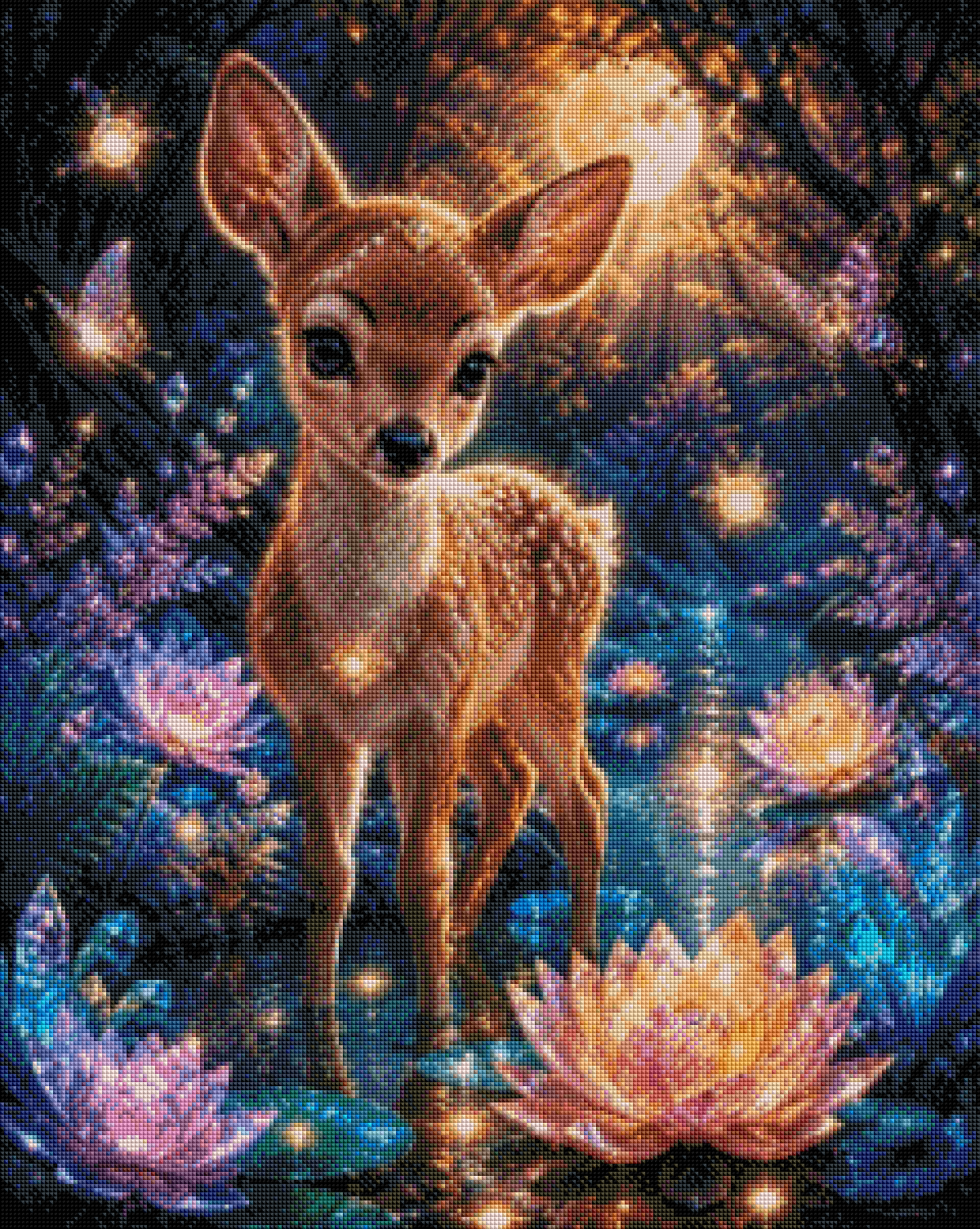 Mondlicht-Rehkitz am Kristallteich - Diamond Painting Kit - AI Artwork by SK Moments 60x75cm (eckige Steine)