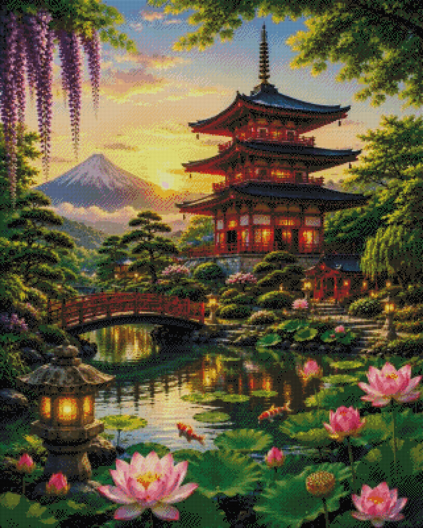 Sommerzauber der Pagode - Diamond Painting Kit - AI Artwork by SK Moments 80x100cm (eckige Steine)