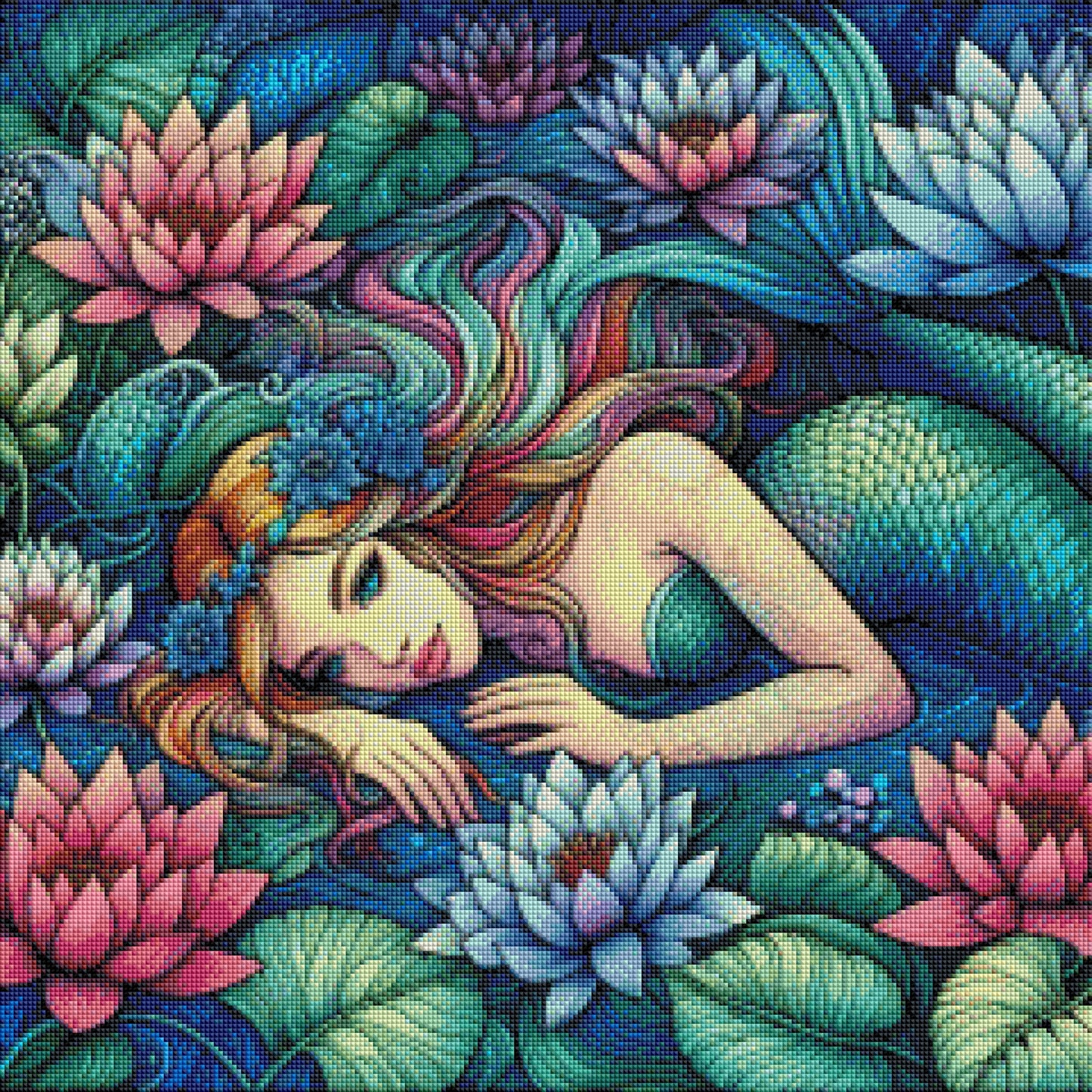 Seerosenzauber der Meerjungfrau - Diamond Painting Kit - AI Artwork by Silvia-ki 60x60cm (eckige Steine)