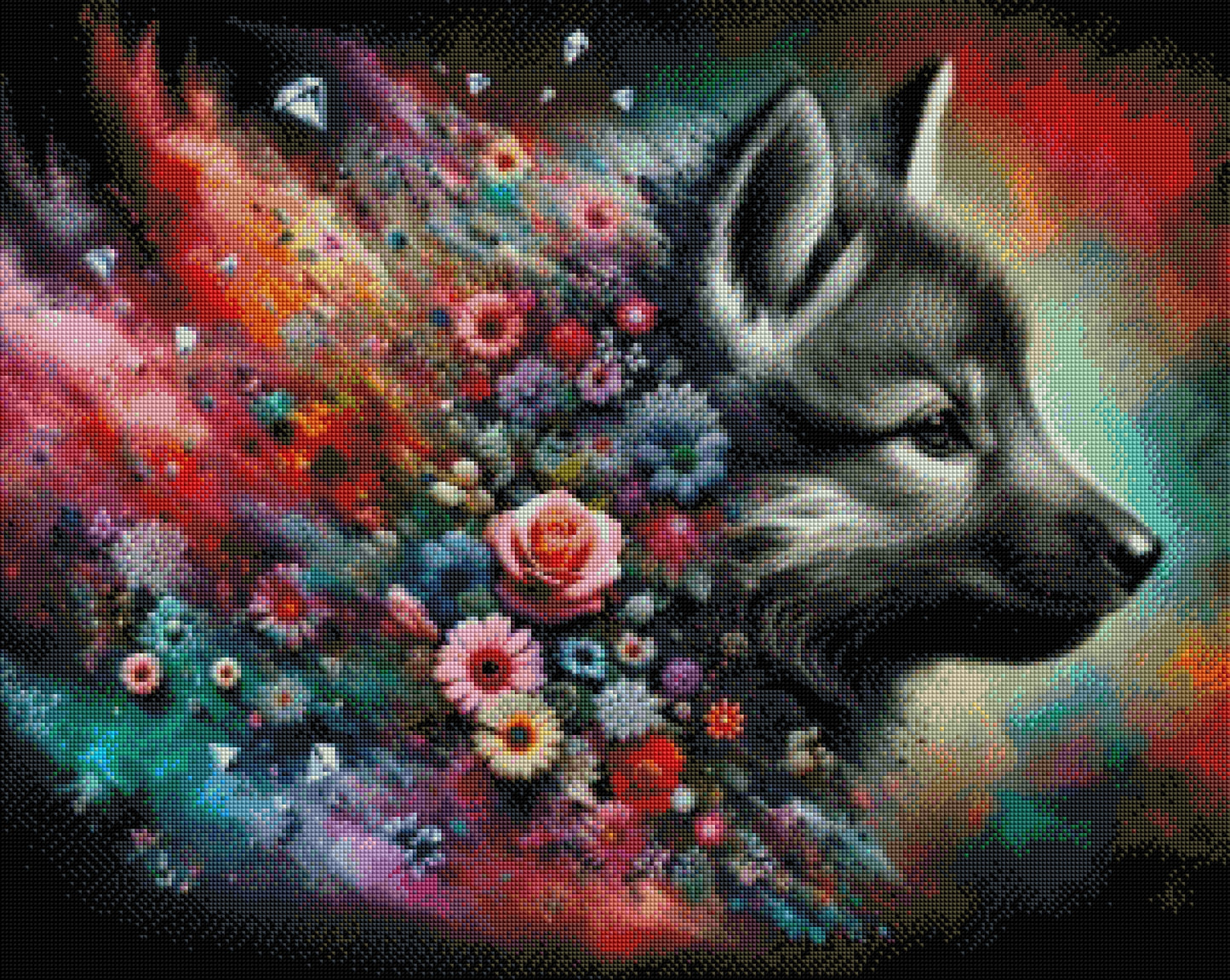 Blütenseele des Wolfes – Diamond Painting Kit | 75*60 cm | 76 DMC-Farben | Artwork by tiki_DIAMONDS.ai