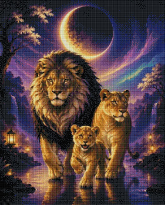 Mondpfad der Löwenfamilie mit 120 Farben - Diamond Painting Kit - AI Artwork by SK Moments 70x87cm (eckige Steine)