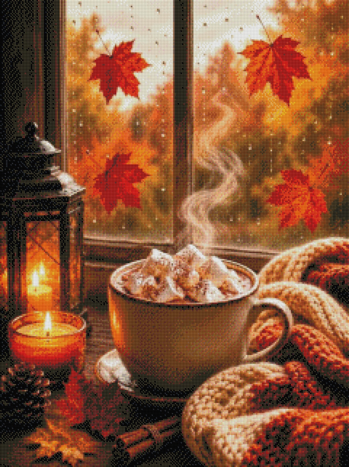 Herbstlicher Kakaozauber am Fenster  - Diamond Painting Kit | 60*80 cm | 115 DMC-Farben | Artwork by SK Moments