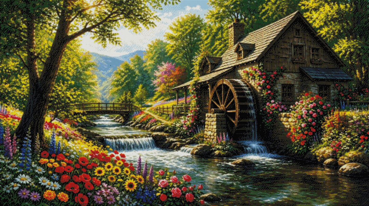 Zaubermühle am Bach – Diamond Painting 125 × 70 cm