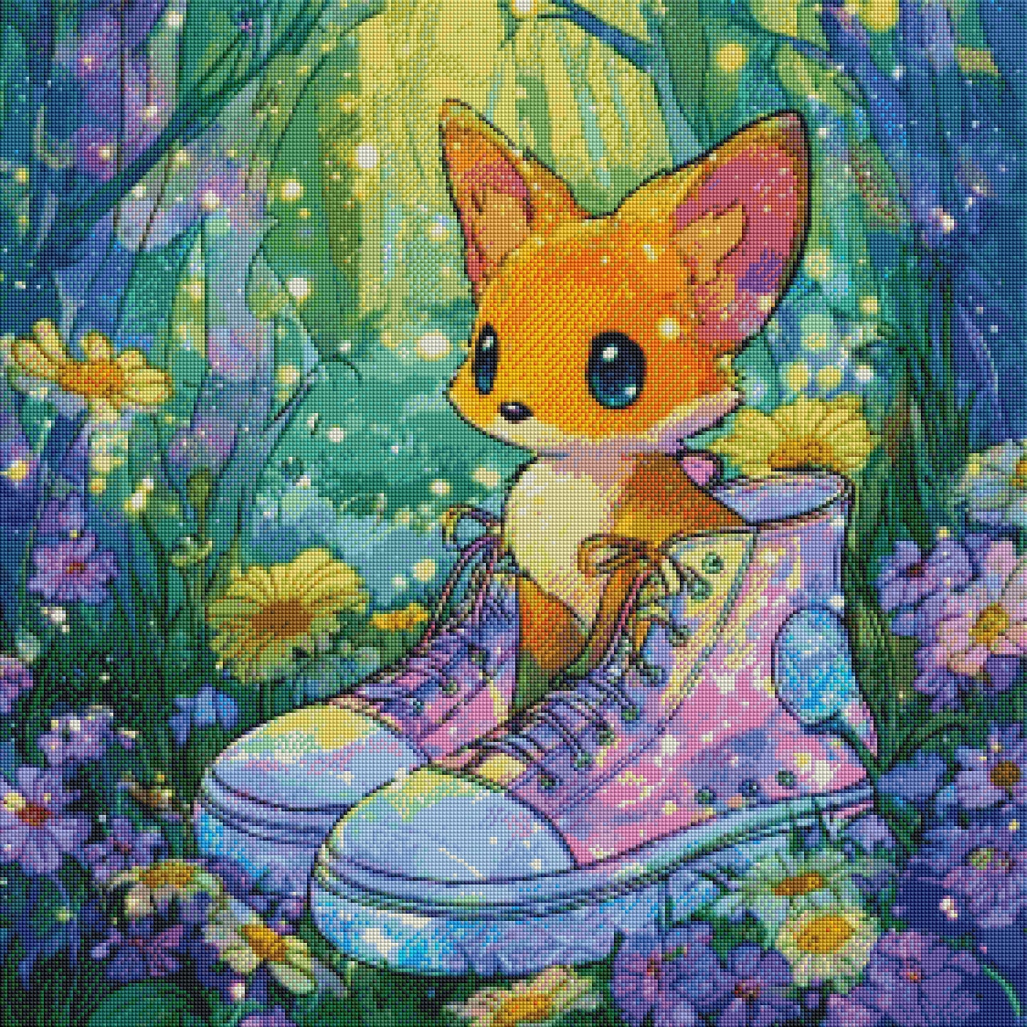 Fuchszauber in Glitzerschuhen mit 100 Farben - Diamond Painting Kit -  Artwork by shiny_unicorn.ai 70x70cm (eckige Steine)