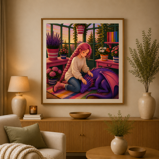 The Girl and the Whisper Dragon 80x80cm Square Drills - Diamond Painting Kit - Artwork by Farbenzauberwelt
