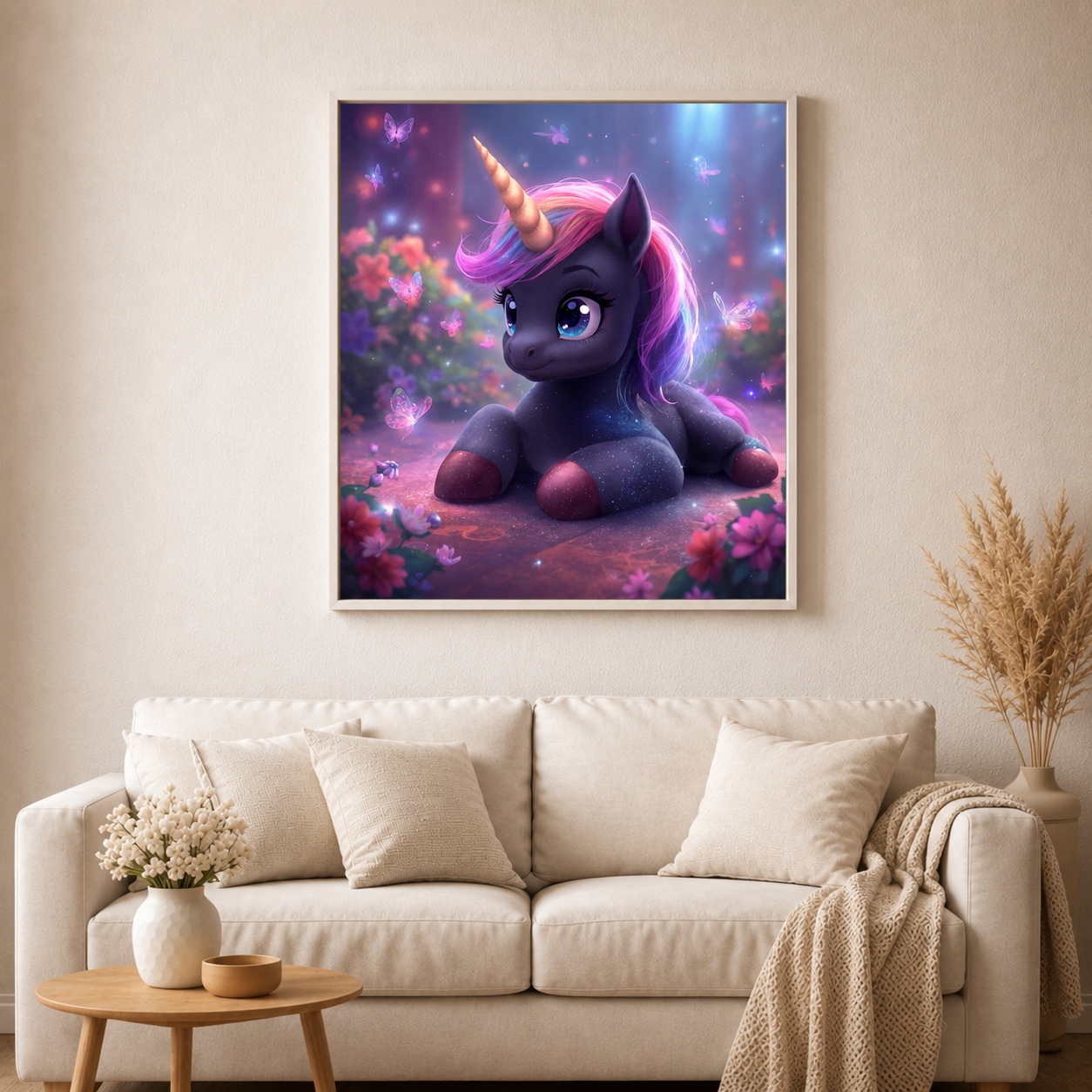 Einhorn Sora - Diamond Painting Kit - KI Artwork by Tina Diamonds 60x60 cm (eckige Steine)