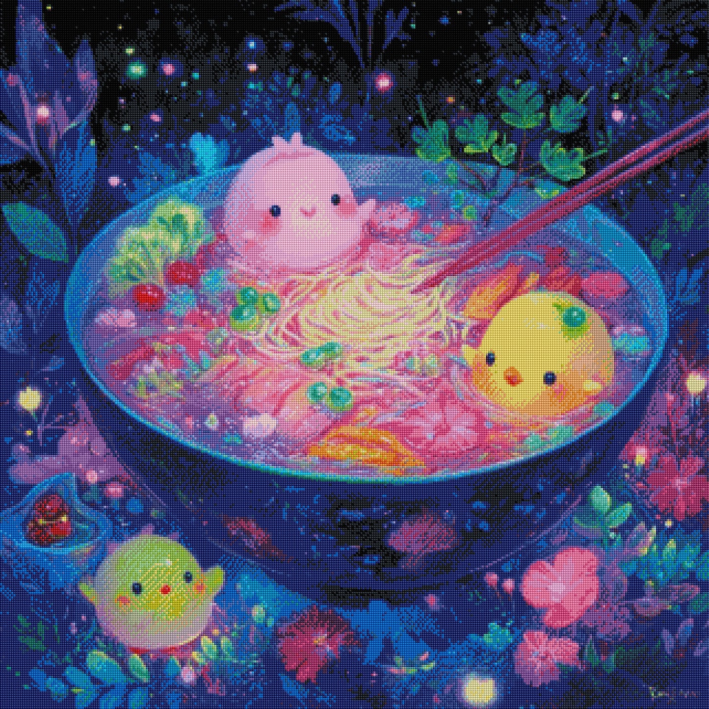Leuchtende Nudelsuppe der Träume mit 100 Farben - Diamond Painting Kit -  Artwork by shiny_unicorn.ai 80x80cm (eckige Steine)