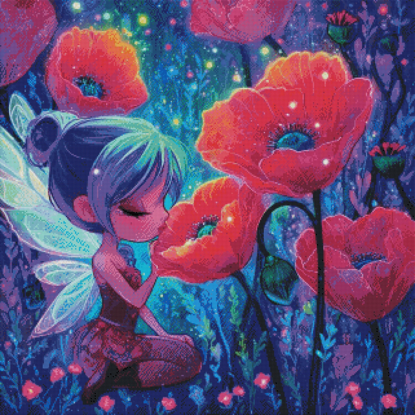 Mohnblütenfee mit 120 Farben - Diamond Painting Kit -  Artwork by shiny_unicorn.ai 80x80cm (eckige Steine)