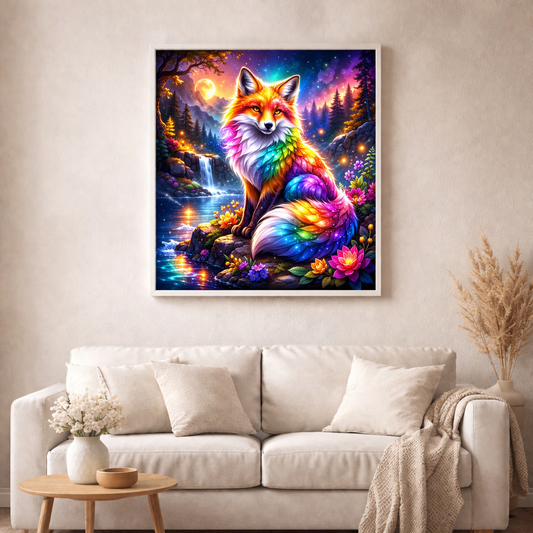 Magischer Regenbogenfuchs - Diamond Painting Kit - AI Artwork by Farbenzauberwelt 60x60cm (eckige Steine)