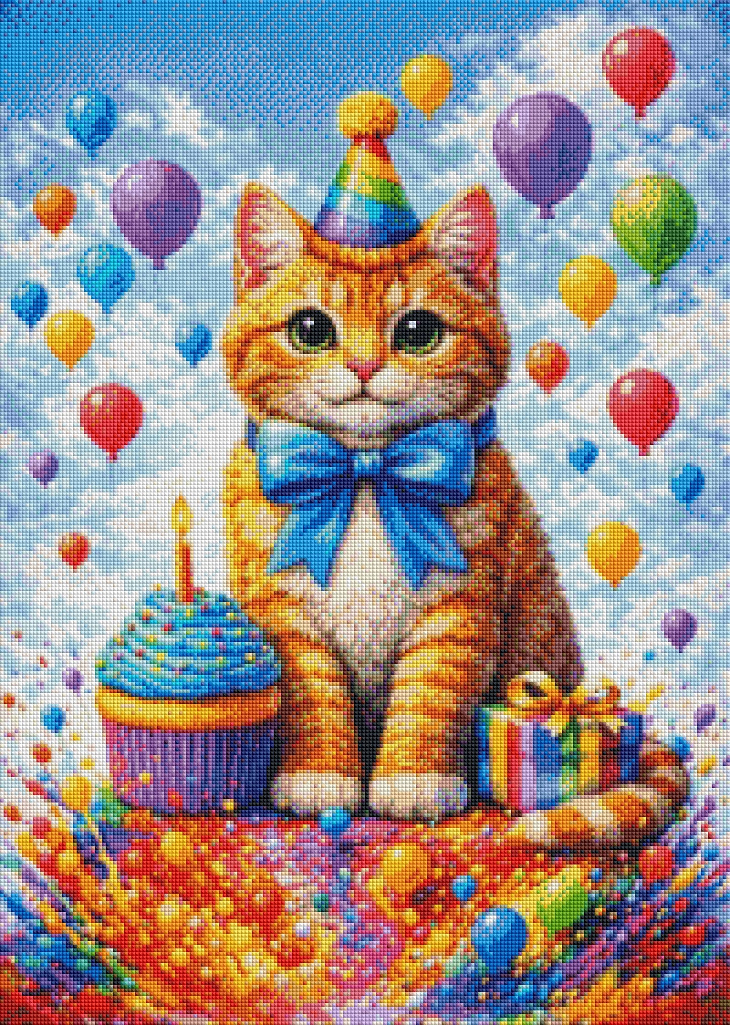 Happy Birthday Cat - Diamond Painting Kit - AI Artwork by Planetenparty 50x70cm (eckige Steine)