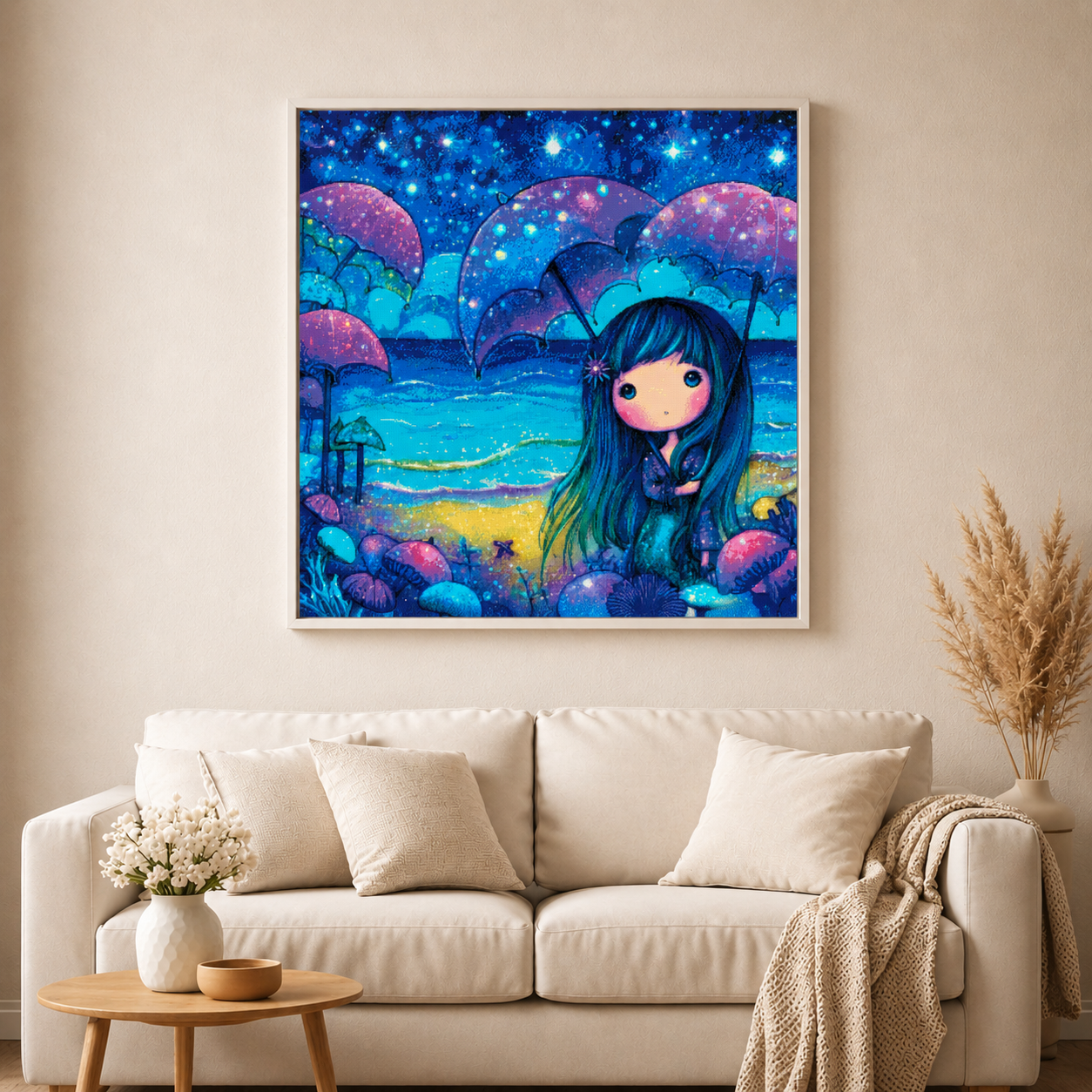 Sternenschirme am Meer mit 100 Farben - Diamond Painting Kit -  Artwork by shiny_unicorn.ai 80x80cm (eckige Steine)