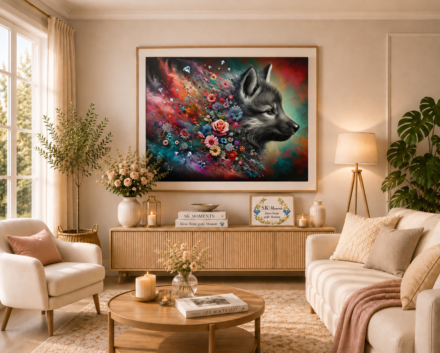 Blütenseele des Wolfes – Diamond Painting Kit | 75*60 cm | 76 DMC-Farben | Artwork by tiki_DIAMONDS.ai