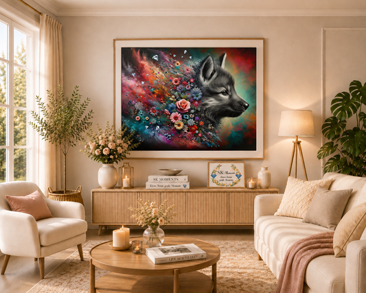 Wolf Blossom Soul – Diamond Painting Kit | 75*60 cm | 76 DMC Colors | Artwork by tiki_DIAMONDS.ai