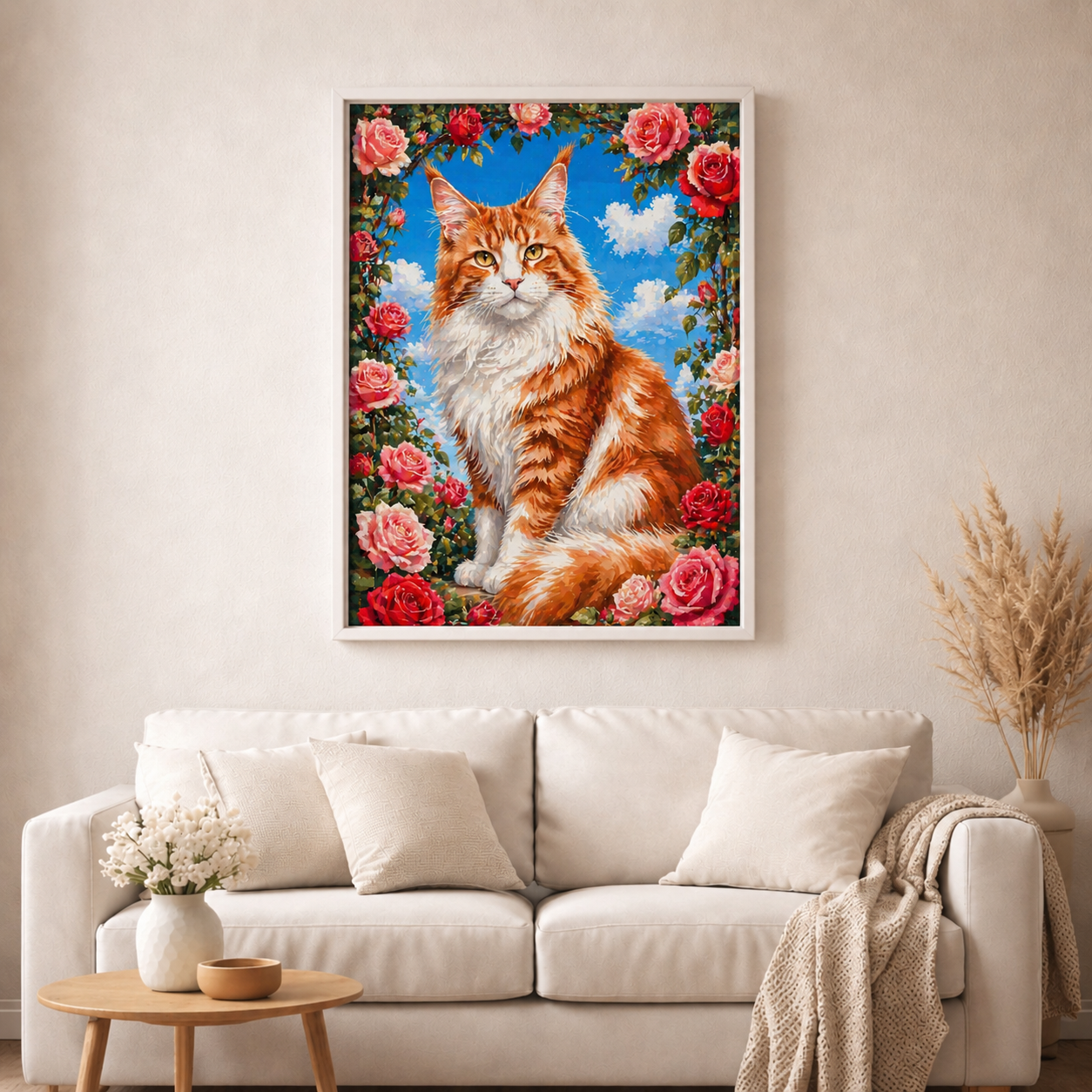 Sommerkatze im Rosengarten mit 120 Farben - Diamond Painting Kit - AI Artwork by Planetenparty 70x100cm (eckige Steine)