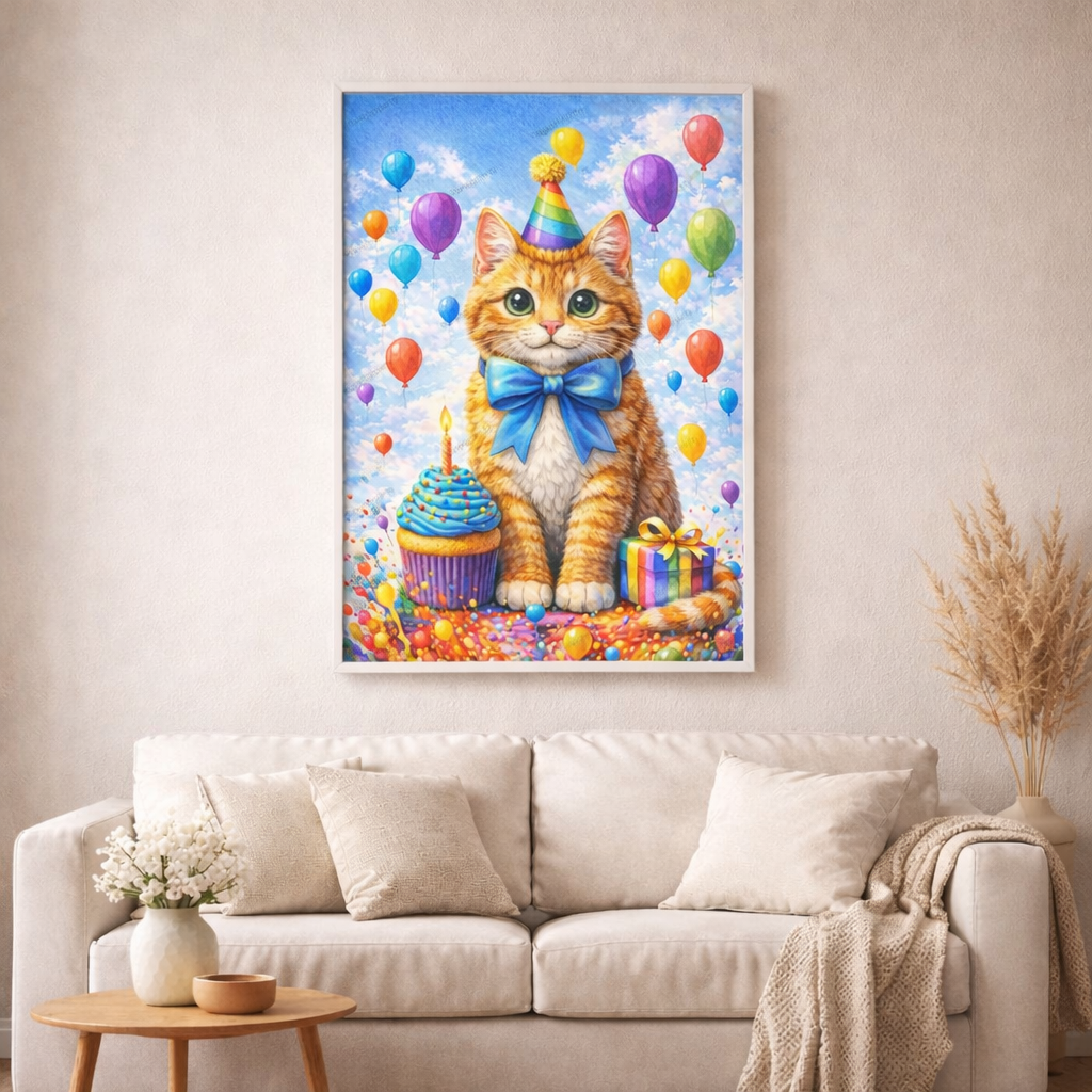 Happy Birthday Cat - Diamond Painting Kit - AI Artwork by Planetenparty 50x70cm (eckige Steine)