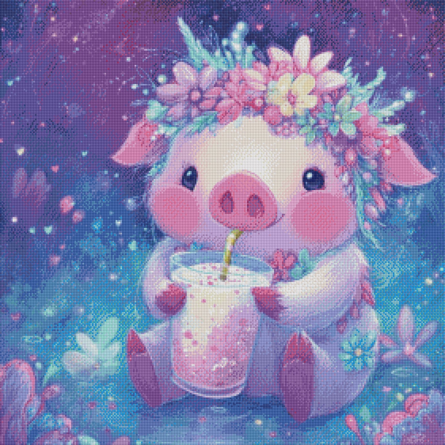 Blütenzauber Schweinchen mit 99 Farben - Diamond Painting Kit -  Artwork by shiny_unicorn.ai 70x70cm (eckige Steine)