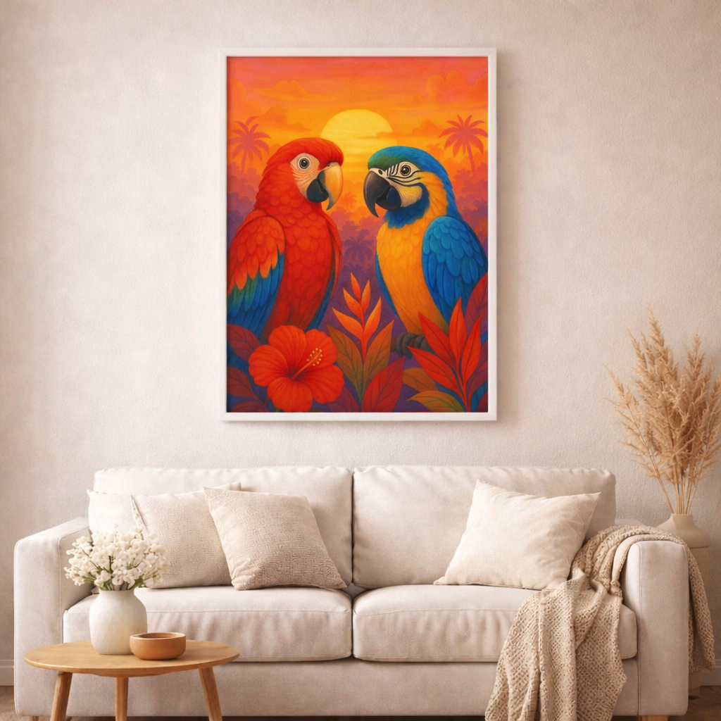 Paradiesische Papageien im Sonnenuntergang - Diamond Painting Kit - AI Artwork by SK Moments 50x70cm (eckige Steine)