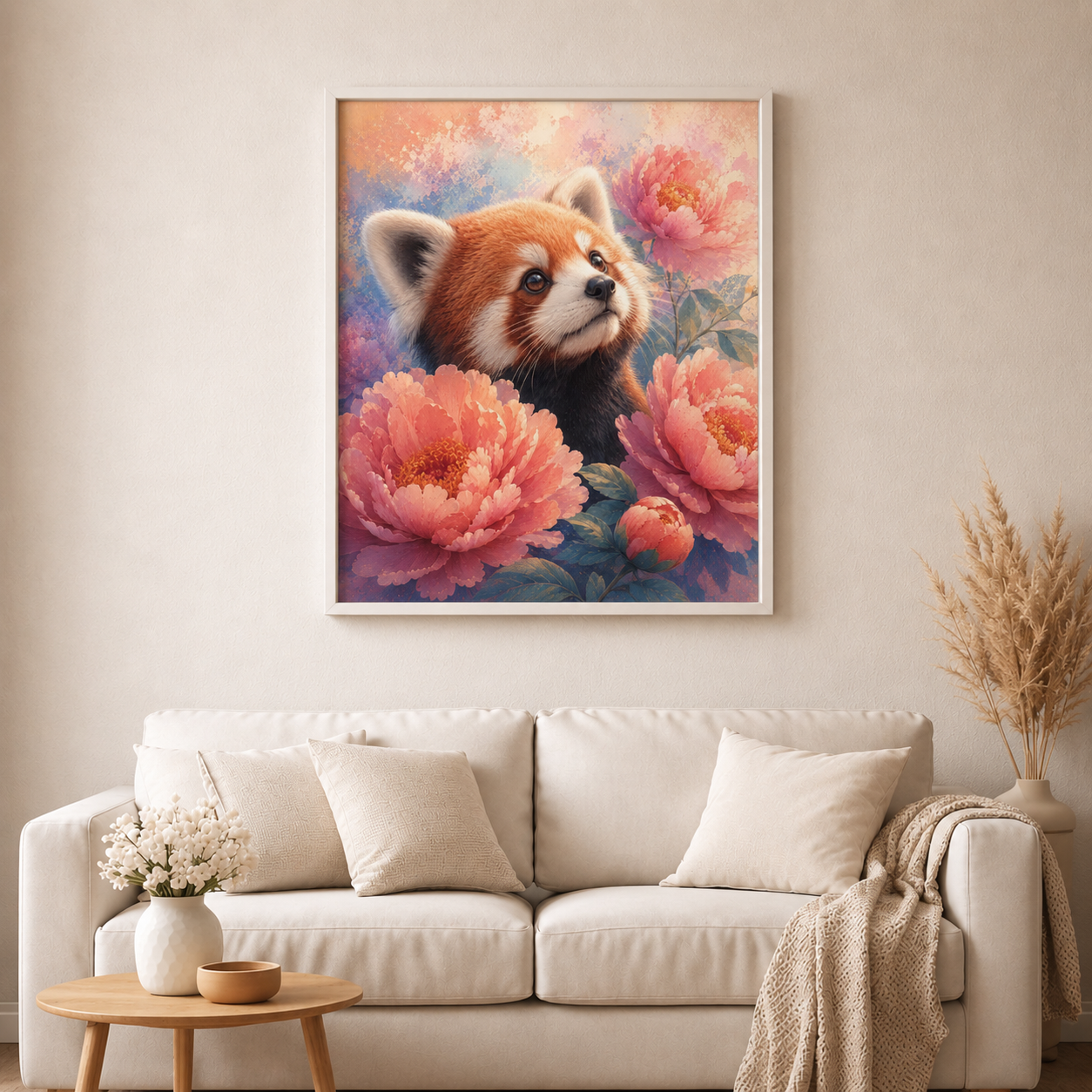 Roter Panda im Blütentraum - Diamond Painting Kit - Artwork by tiki_DIAMONDS.ai 50x50 cm (eckige Steine)