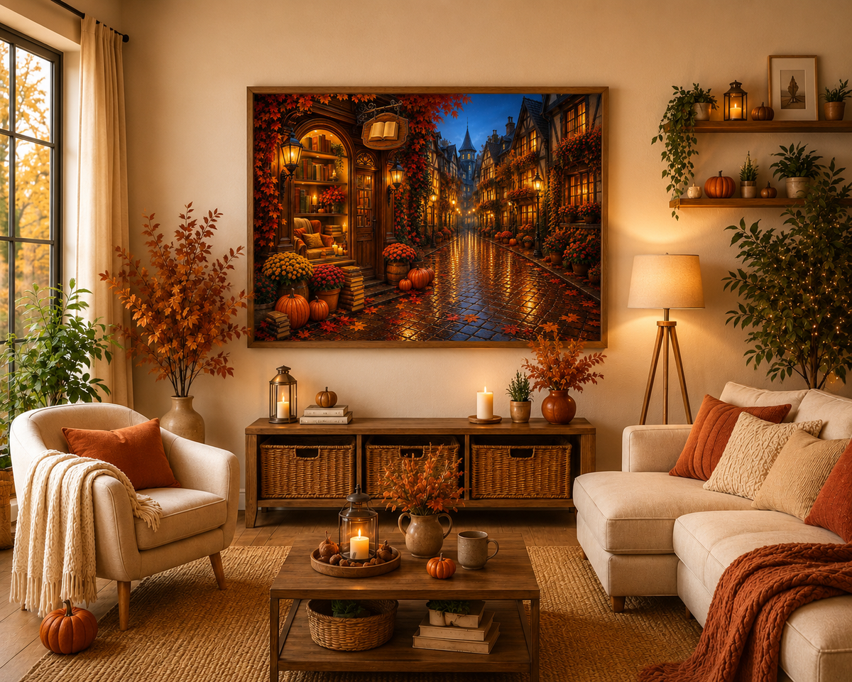 Verregneter Buchladen im Herbstlicht  - Diamond Painting Kit | 70*100 cm Hochformat 120 DMC-Farben, 80*60 cm Querformat 107 DMC-Farben| Artwork by SK Moments