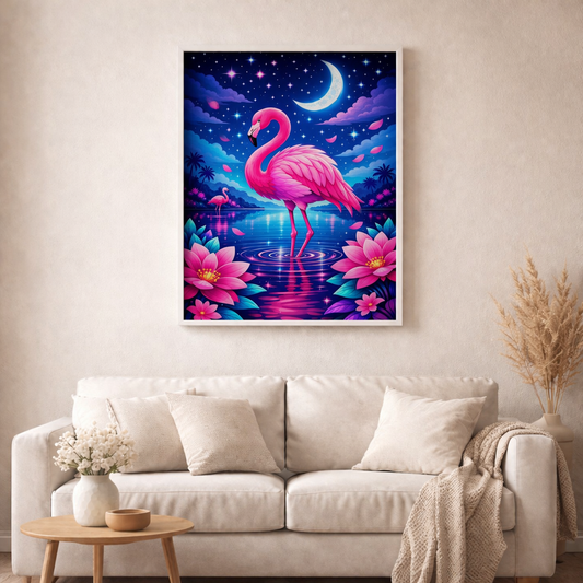 Bild des Monats - April Flamingo Mondscheinträume - Diamond Painting Kit - AI Artwork by SK Moments 60x80cm (eckige Steine)