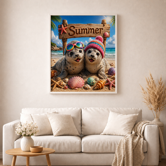 Sonnige Robbenliebe mit 120 Farben - Diamond Painting Kit - AI Artwork by SK Moments 80x80cm (eckige Steine)