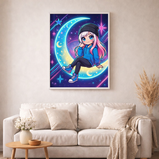 Neonträumerin im Mondlicht - Diamond Painting Kit - AI Artwork by SK Moments 70x70cm (eckige Steine)