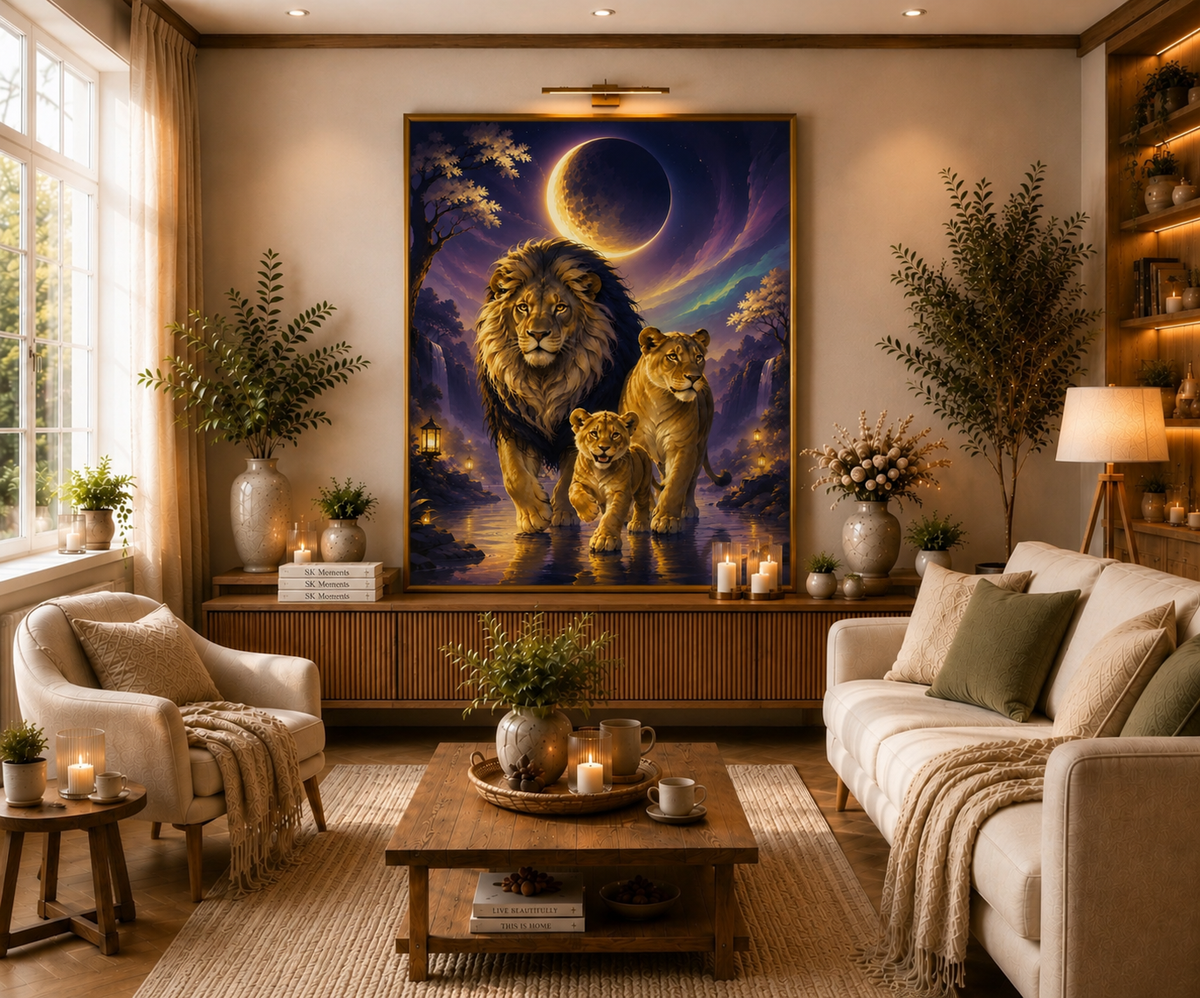Moon Path of the Lion Family with 120 Colors - Diamond Painting Kit - AI Artwork by SK Moments 70x87cm (Square Drills)