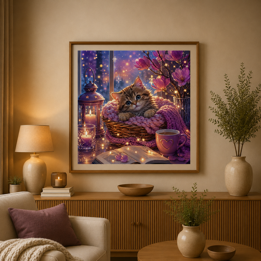 Cuddle Paws in Fairy Lights 60x60cm Square Drills - Diamond Painting Kit - Artwork by Farbenzauberwelt