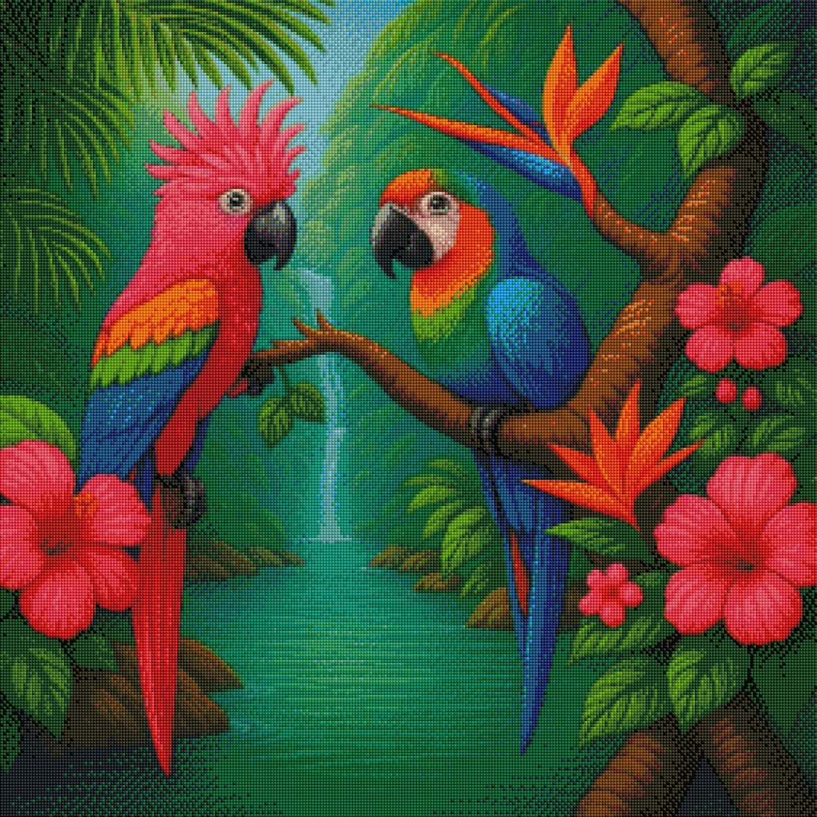 Tropisches Papageien-Paradies - Diamond Painting Kit - AI Artwork by  SK Moments 70x70cm (eckige Steine)