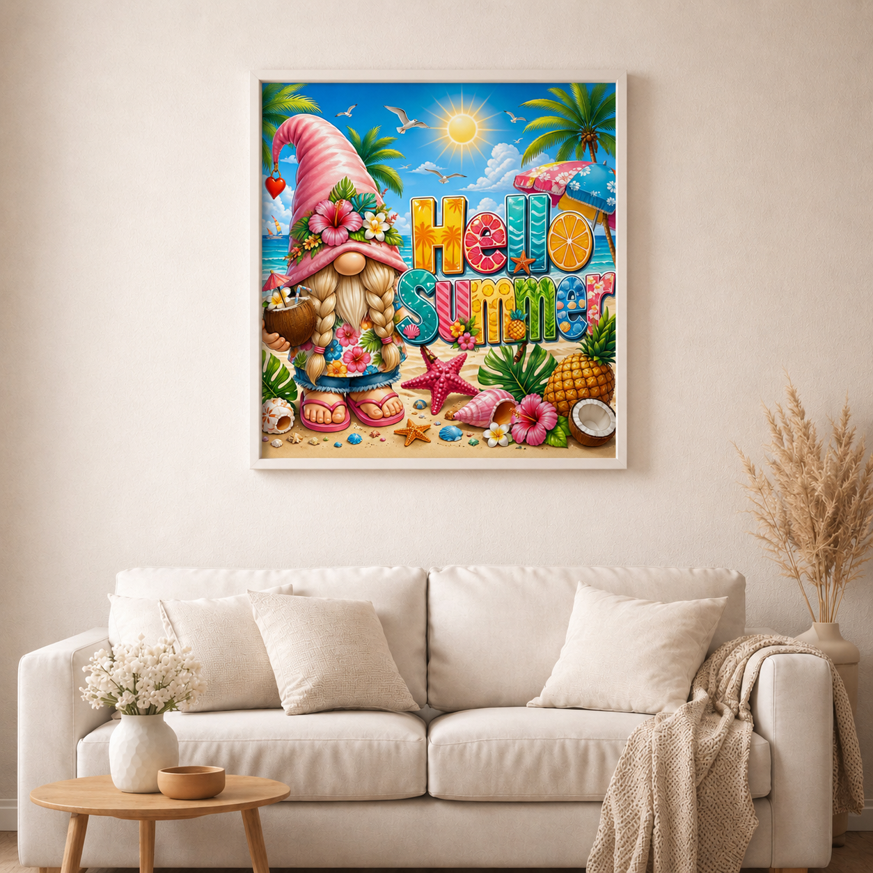 Sommergruß vom Strandgnom mit 120 Farben - Diamond Painting Kit - AI Artwork by SK Moments 80x80cm (eckige Steine)