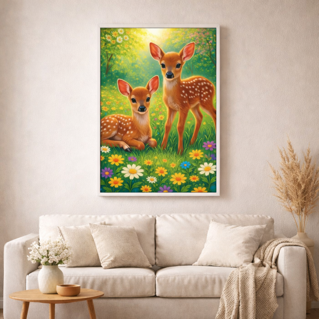 Rehkitze im Blütenmeer - Diamond Painting Kit - AI Artwork by SK Moments 50x50cm (eckige Steine)