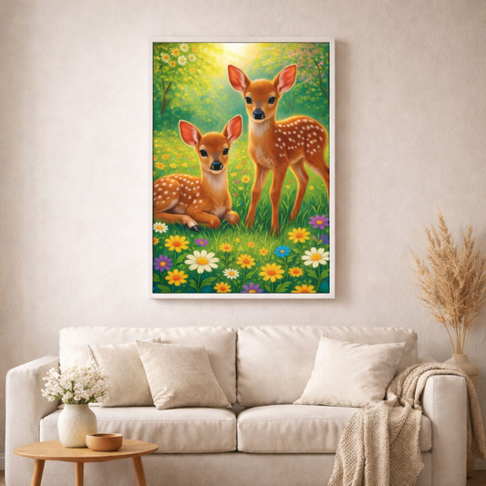 Rehkitze im Blütenmeer - Diamond Painting Kit - AI Artwork by SK Moments 50x50cm (eckige Steine)