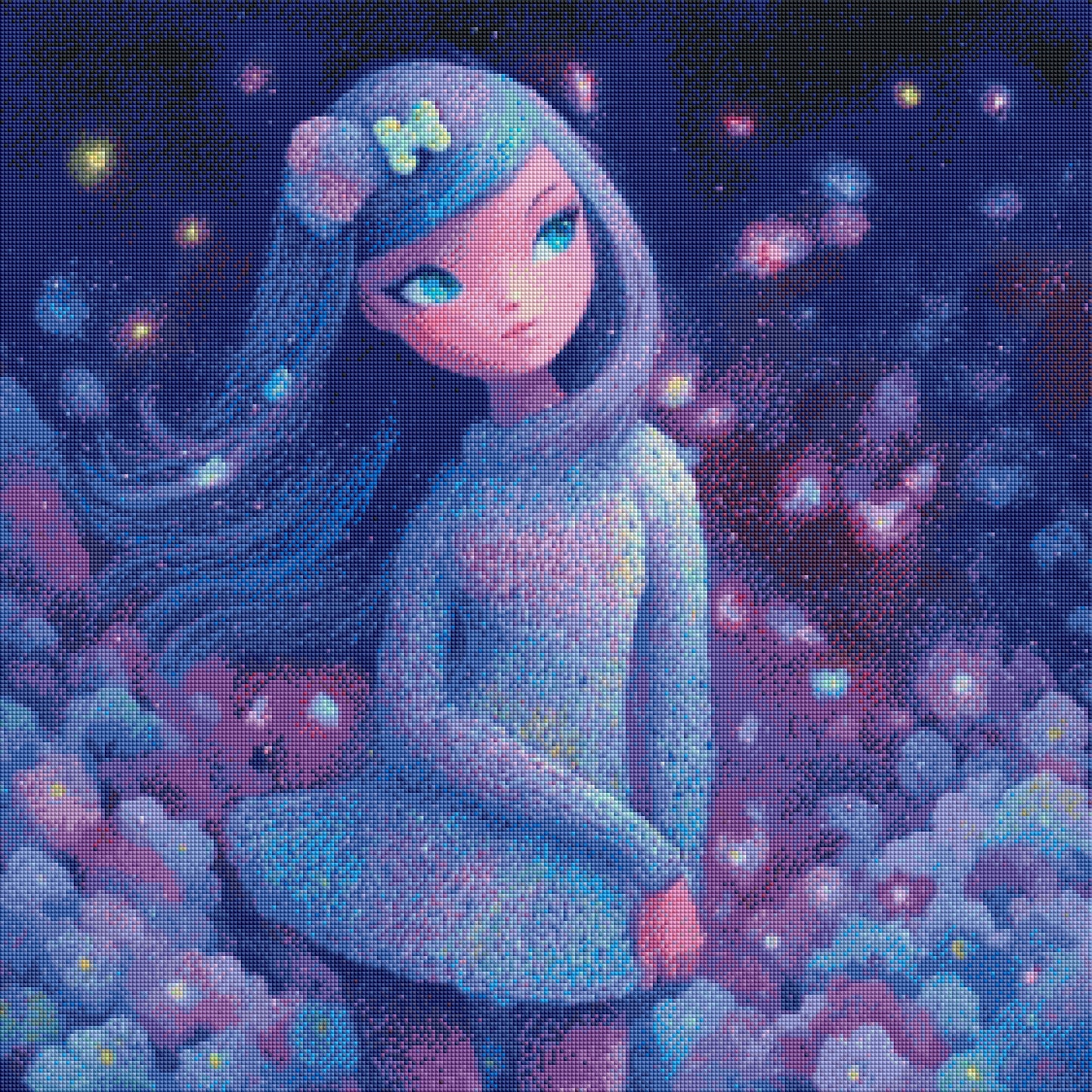 Sternenträume im Strickkleid mit 100 Farben - Diamond Painting Kit -  Artwork by shiny_unicorn.ai 70x70cm (eckige Steine)