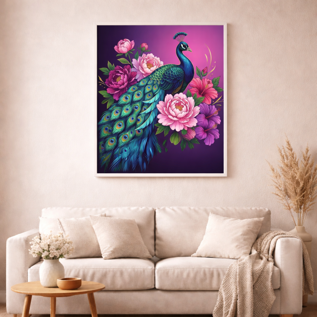 Majestätischer Pfau in Blütenträumen - Diamond Painting Kit - AI Artwork by SK Moments 70x50cm (eckige Steine)