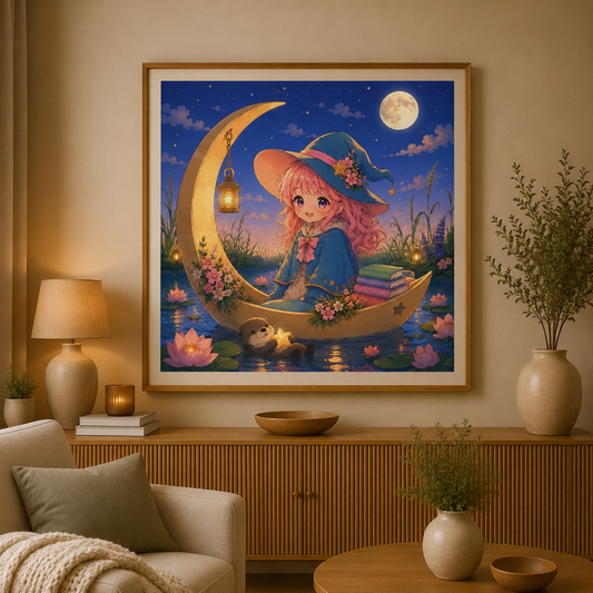 Moon Magic at Water Lily Lake 80x80cm Square Drills - Diamond Painting Kit - Artwork by Farbenzauberwelt
