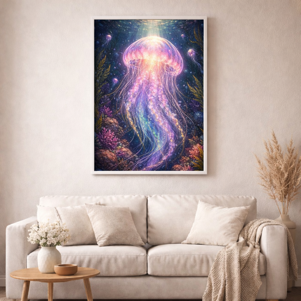 Neon Qualle - Diamond Painting Kit - AI Artwork by Planetenparty 50x70cm (eckige Steine)