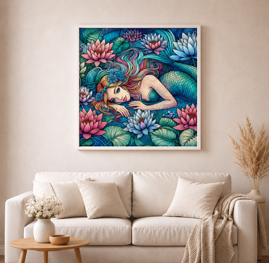 Seerosenzauber der Meerjungfrau - Diamond Painting Kit - AI Artwork by Silvia-ki 60x60cm (eckige Steine)