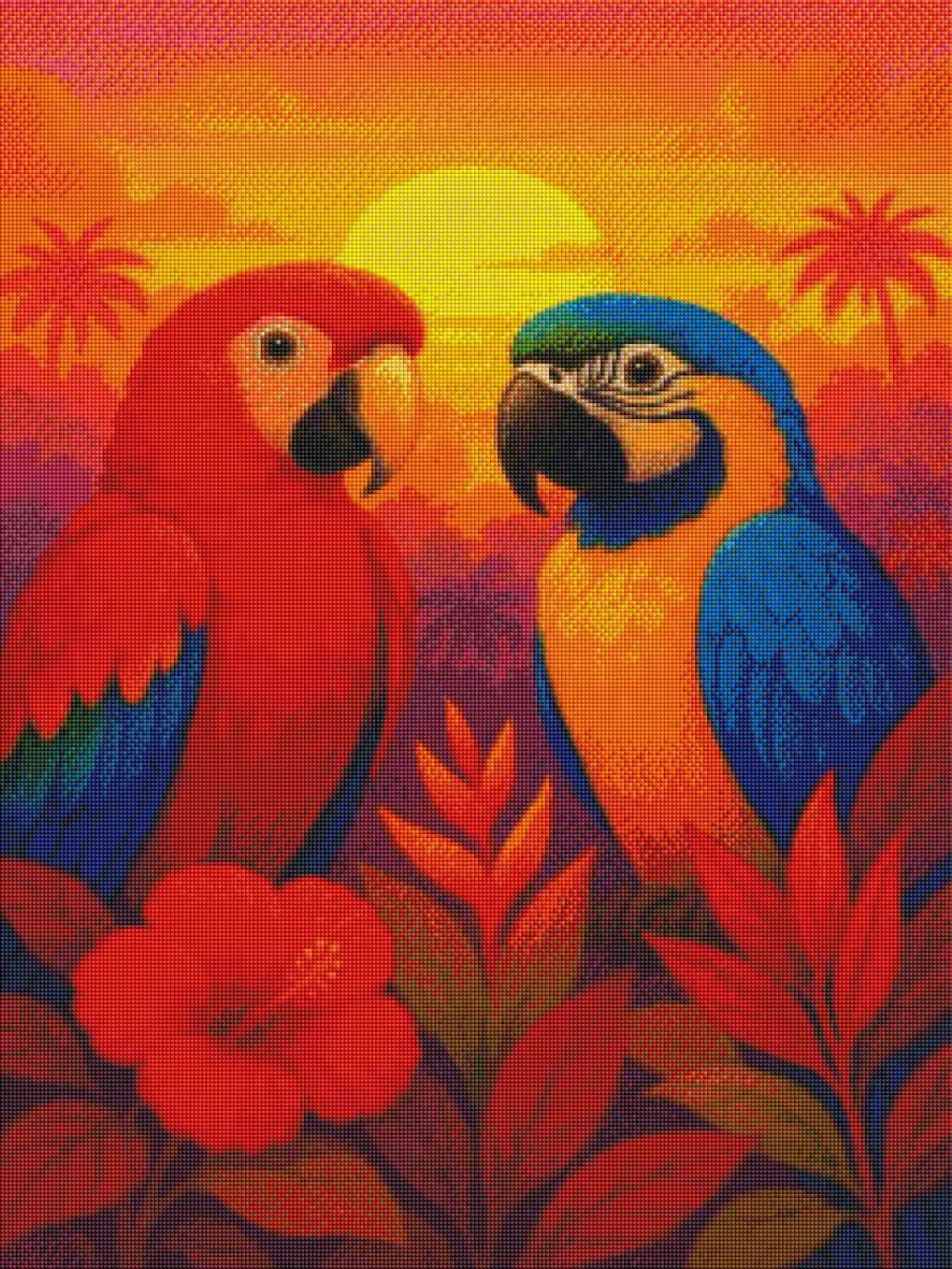 Paradiesische Papageien im Sonnenuntergang - Diamond Painting Kit - AI Artwork by SK Moments 50x70cm (eckige Steine)