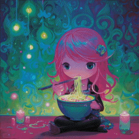 Nudelzauber bei Kerzenschein - Diamond Painting Kit -  Artwork by shiny_unicorn.ai 70x70cm (eckige Steine)